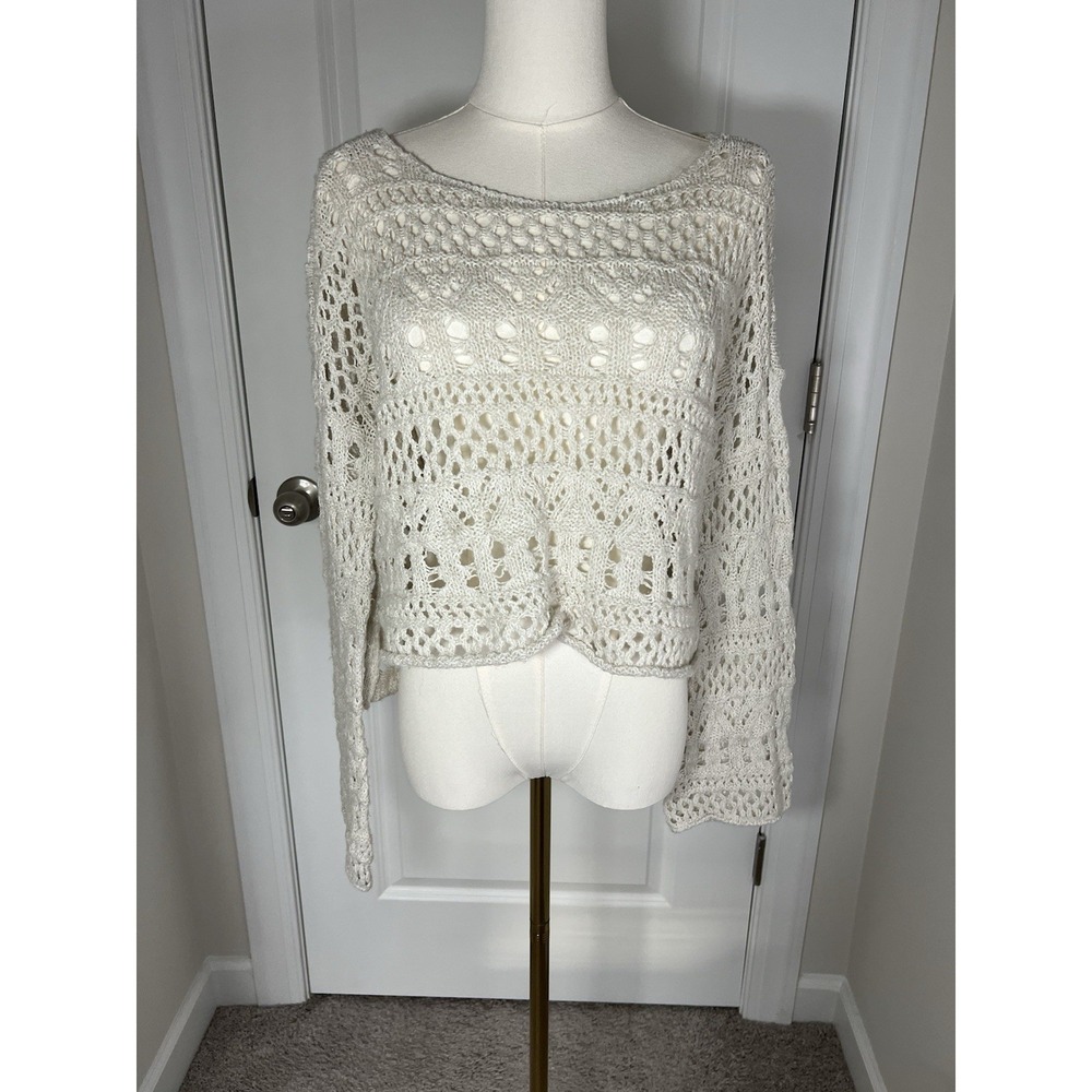 Women's Hollister Open Knit Crop Crochet Sweater Flare Sleeve M/L Boho Beach Y2K
